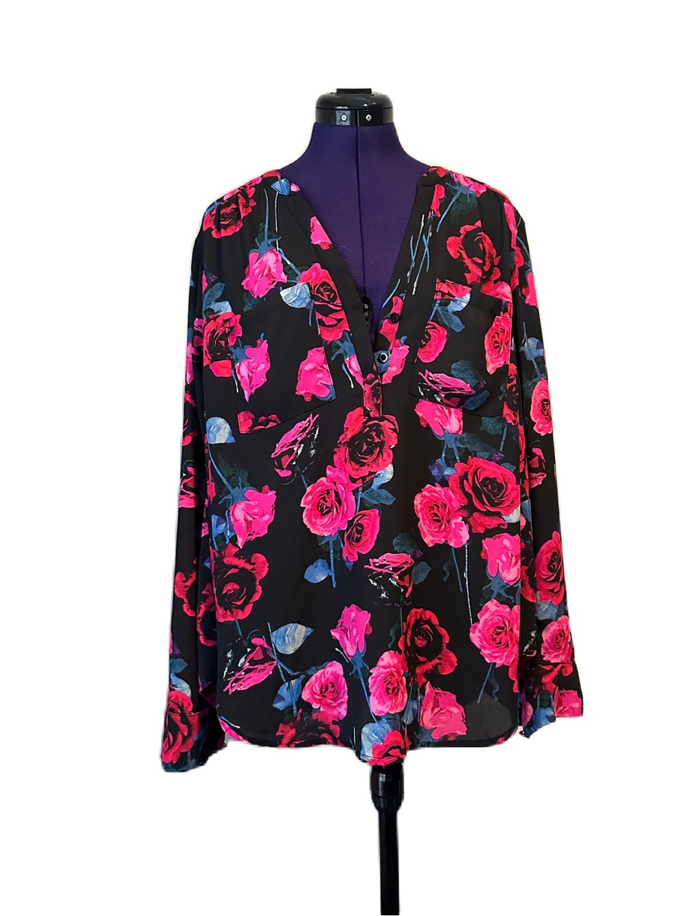 Torrid Black Pink Red Floral Long Sleeve Top